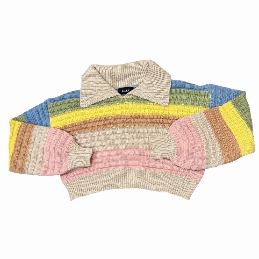 Cider Striped Cropped Sweater Women’s Small Pastel Ribbed Collar Balloon Sleeve